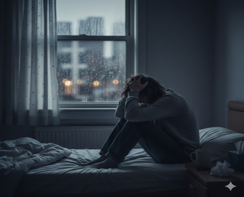 A patient with Major Depressive Disorder or Depression sitting on a bed.